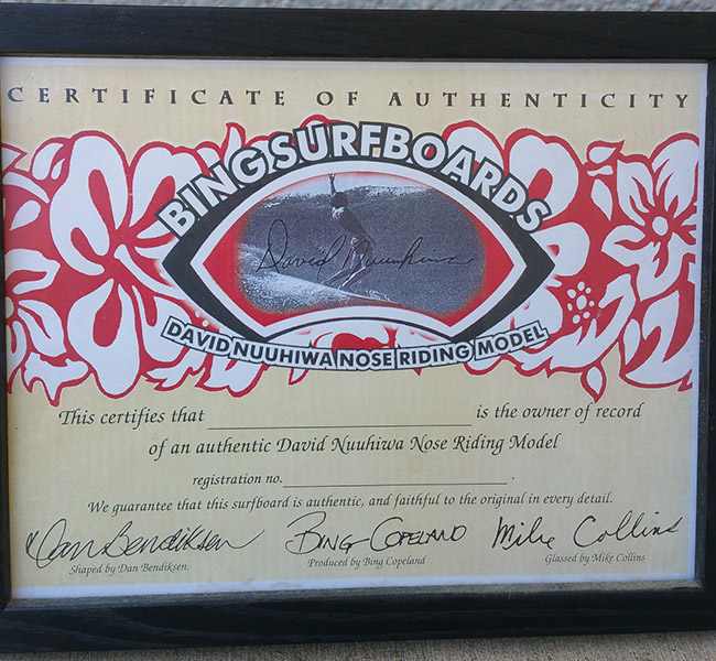 1997 Bing DNN Vintage Surfboard Certificate of Authenticity